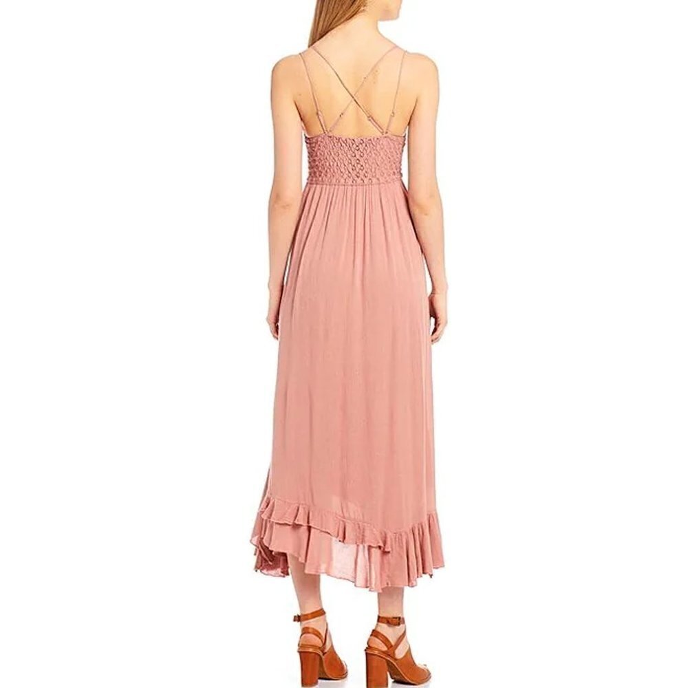 Free People Medium Crochet Lace Maxi Slip Dress Rose Pink Strappy Back Gauze NWT - Picture 3 of 13